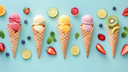 Mixed fruit ice cream cones