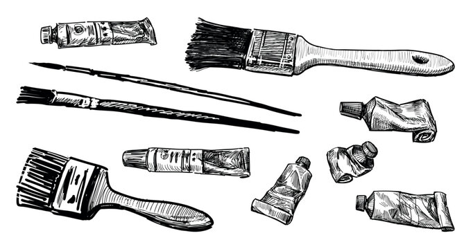 Paintbrushes,paint tubes artistic oil painting tool objects professional creative set sketch black and white hand drawn vector illustration isolated on white