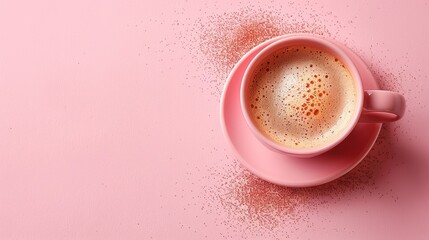  Cup on saucer, pink background - Coffee in cup, sprinkles dotting rim