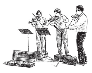 Violinists musicians trio men buskers music violin bow playing professional standing, sketch hand drawn vector drawing illustration isolated on white