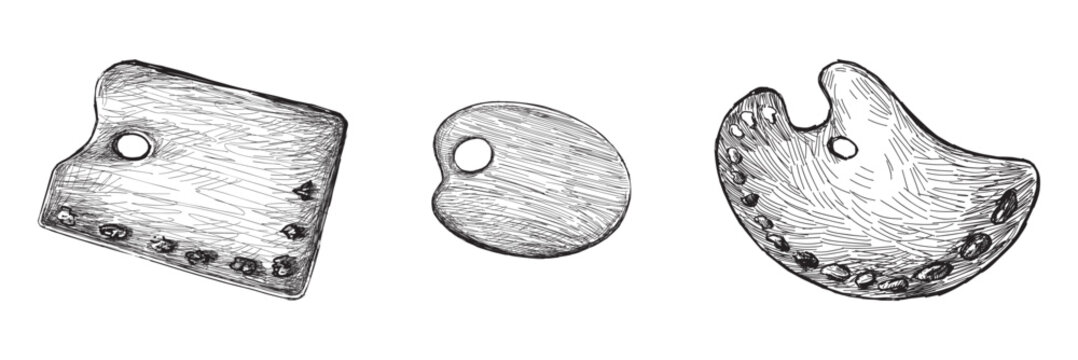 Palette artistic oil painting tool objects  profession creative, sketch black and white hand drawn vector illustration isolated on white