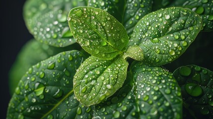   A tight shot of a verdant plant with raindrops on its dark-backgrounded leaves