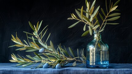   A glass bottle containing an olive branch, accompanied by two olive branches on a blue tablecloth - obrazy, fototapety, plakaty