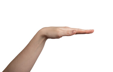 Hand gesture measurement. Lift arm to show height, size limitation. Female showing sign with palm,