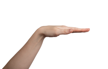 Hand gesture measurement. Lift arm to show height, size limitation. Female showing sign with palm,