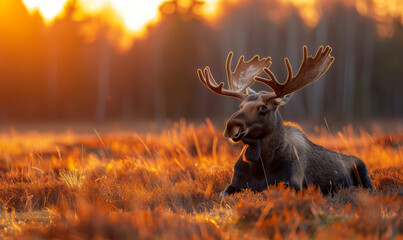 Beautiful big Moose outdoor in the wildlife, beautiful sunny scenery.