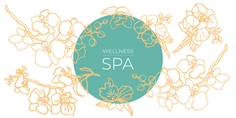 Isolated hand drawn vector orchid flowers. Outline sketch. Orchid flower branch with buds and flowers. Romantic. Floral banner. Spa template. Wellness and health. White. 