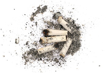 Cigarette stubs, butts with ash isolated on white background, top view