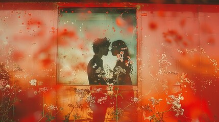   A man and a woman stand before a window, framed by blooming flowers Their reflections are depicted in the glass