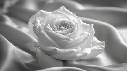   A monochrome image of a solitary rose against its own petals, backdropped by a gentle, undulating fabric