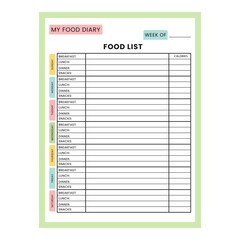 Food diary planner page template. Weekly meals for breakfast, lunch, dinner, and snacks. Controlling your calorie intake. Vector illustration.