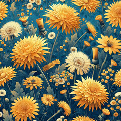 Dandelions flowers. Seamless pattern in cartoon, doodle style. - 791085555