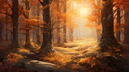 Autumn forest with fog and sunbeams. Panoramic image