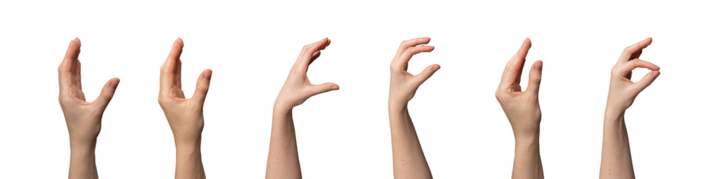 Hand gestures collection. Caucasian woman showing different signs with fingers, palms, arms.