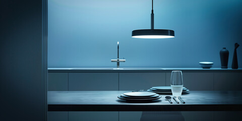 a dining table in a blue environment