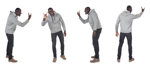 various poses of same man showing the horns sign with fingers on white background