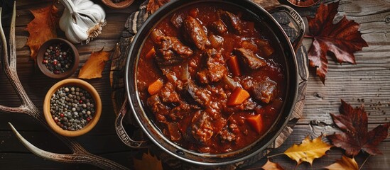 Copper pot containing venison goulash stew with seasoning bowls on a wooden surface, surrounded by deer antlers and leaves. - obrazy, fototapety, plakaty