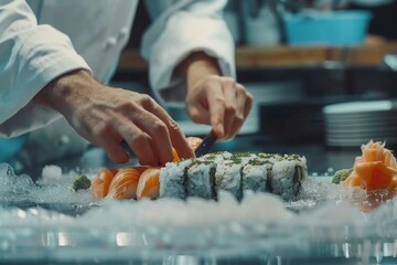 Skilled experienced japanese master chef preparing sushi rolls traditional cuisine restaurant bistro slicing fresh salmon fish tasty delicious gourmet dish seafood rice cook preparing order