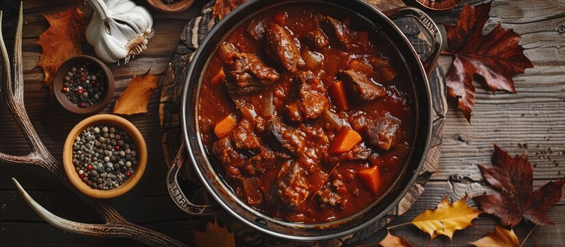 Copper pot containing venison goulash stew with seasoning bowls on a wooden surface, surrounded by deer antlers and leaves.