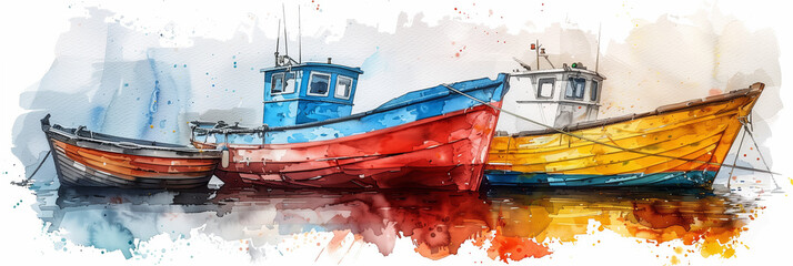 Watercolor painting of a moored wooden fishing boat.