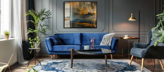 Actual image of a stylish living room space featuring a blue couch, armchair, coffee table, patterned carpet, and artwork displayed on the gray wall.