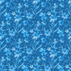 Hand drawn, watercolor, seamless, indigo blue floral pattern
