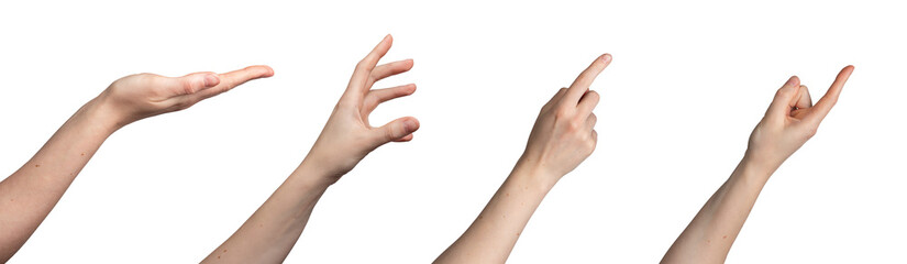Woman s hand gestures isolated on white background. Female palm holding, reaching, and pointing up, transparent png