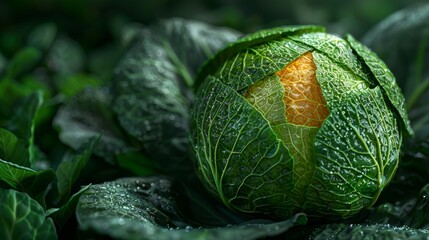 Fototapeta premium A head of lettuce with a cross-shaped cutout in the middle of a bed of leaves