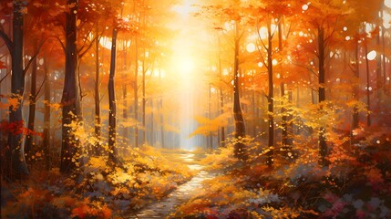 Autumn forest landscape with fog and sunlight. Nature background. Vector illustration.