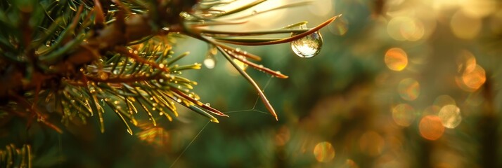 Macro shot of pine needle with water droplet for a detailed close up nature photography