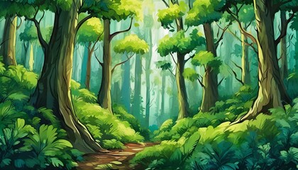 A detailed painting of a dense forest showcasing an abundance of various types of trees, fil