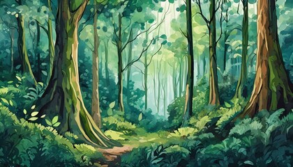 A detailed painting showcasing a dense forest filled with numerous tall trees and lush green