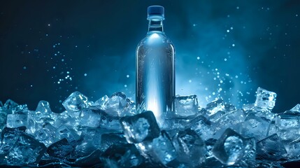 Icy Elegance: Transparent Bottle with Dynamic Ice Cubes on Deep Blue Background