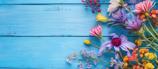 Flowers from the garden on a blue wooden table background, providing a space for text.