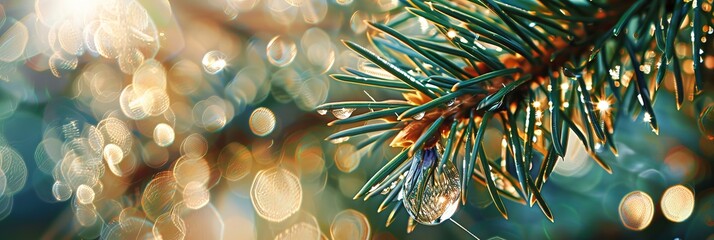 Close up of pine needle with glistening water droplet for nature photography enthusiasts - obrazy, fototapety, plakaty