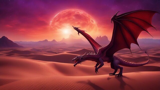 dragon at sunset _A fantasy scene with a dragon flying over the desert. The dragon is large and red, and has wings  