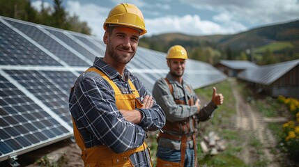 Smiling solar panel worker with thumb up