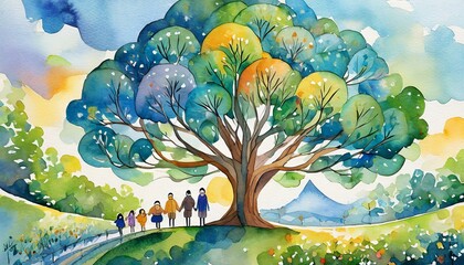 An expansive watercolor mural for a community space illustrating a tree whose branches repre