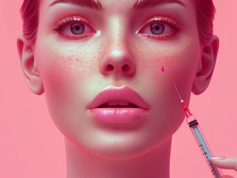 Primo piano del volto di una donna con una siringa vicino alla guancia su uno sfondo rosa, chirurgia plastica, botox