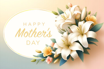 Elegant Happy Mother's Day Banner with White and Yellow Lilies, Ideal for Mother's Day Promotions and Greeting Card