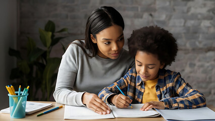 A mother sits with her child at a desk, assisting with homework assignments. - obrazy, fototapety, plakaty