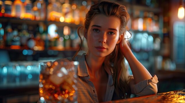 A thoughtful woman sits at a bar with a drink