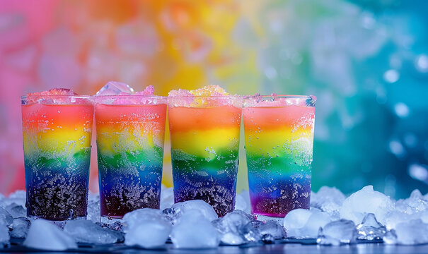 Frozen Rainbow Slush Drinks Chilling on Ice-AI generated image