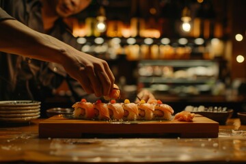 Skilled experienced japanese master chef preparing sushi rolls traditional cuisine restaurant...