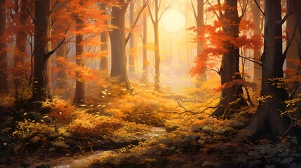 Autumn forest in the morning fog. Panoramic image.