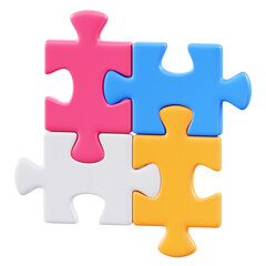 Colorful 3D puzzle pieces connected on a transparent background