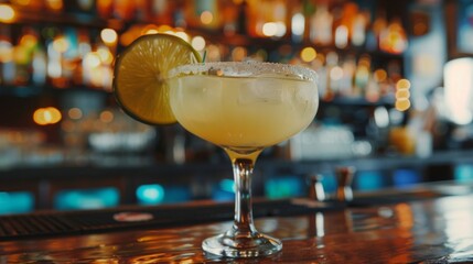 A margarita cocktail on bar counter with lime, bokeh background