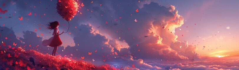 Girl Amidst the Whimsical Butterfly Sunset - obrazy, fototapety, plakaty