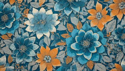 series of bluish and orangish flower drawings pattern - obrazy, fototapety, plakaty