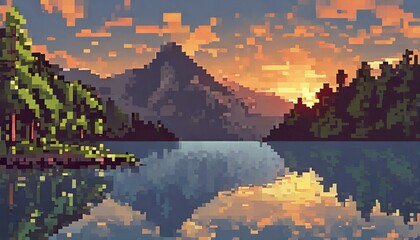 Sunset at mountain lake 8bit